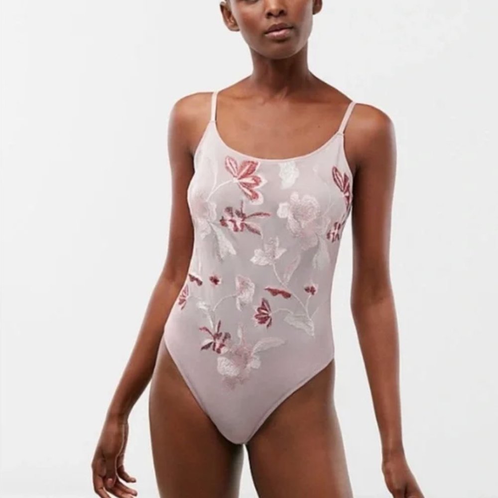 Embroidered Bodysuit Pink Mesh Thongs